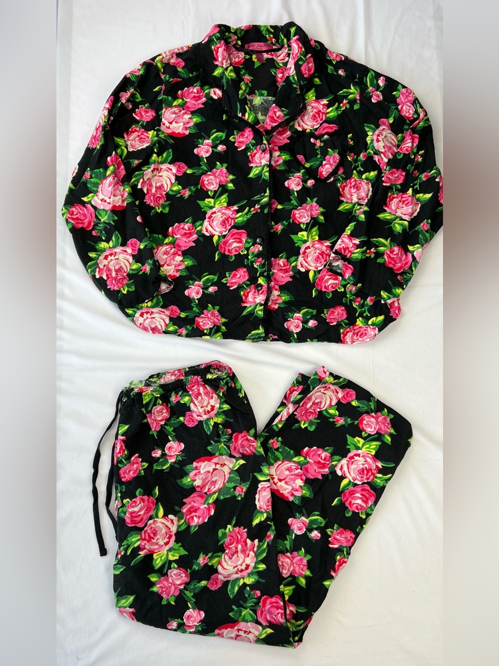 Betsey Johnson Floral Rose Print Flannel  2pc Pajama PJ Set Lace Heart - Large